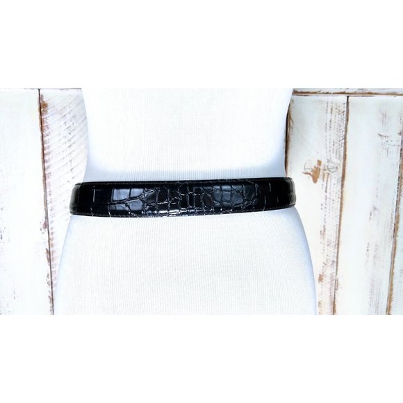 Vintage black croc/reptile embossed patent leather metal belt/Steve Blinn Design